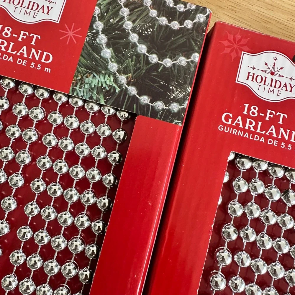 Holiday Time‎ 18 FT Silver Beaded Garland Christmas Tree Decoration Set 2